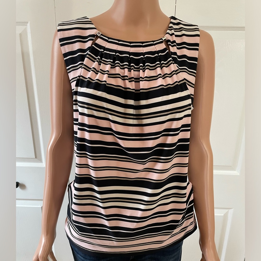 Tommy Hilfiger Pink, Black & White Striped Sleeveless Blouse